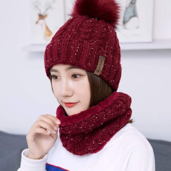 Women's Pom Beanie Hat and Scarf Set Cute Winter Ski Hat with Fleece Lining - Picture 5 of 7
